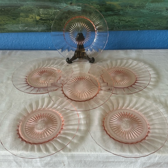 6 Vintage Heisey Ridge and Star Orchard Pink Depression Glass 7.5" Salad Plate - Picture 2 of 7